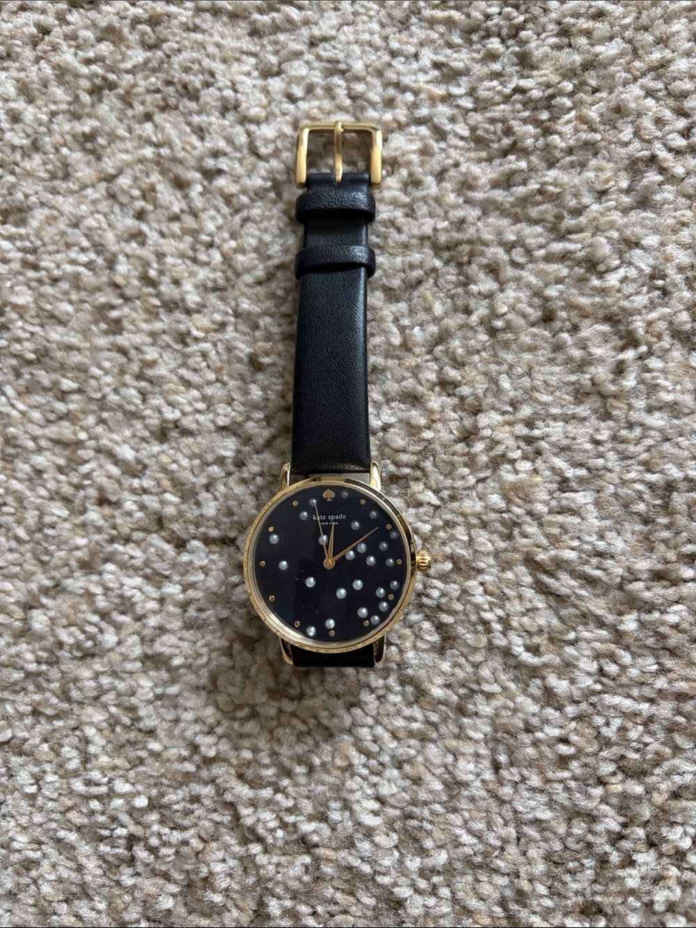 kate spade Black Leather Watch with Gold Case and Pearl Dot Dial